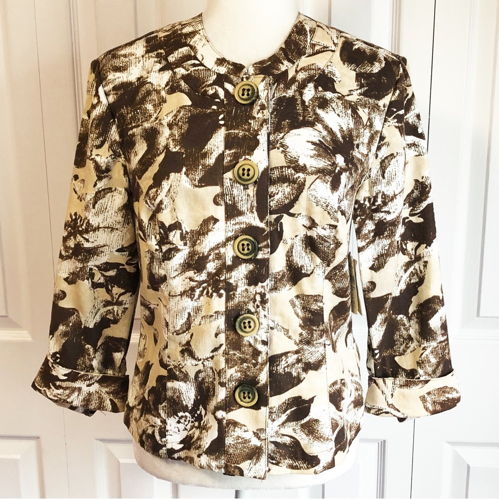 NWT Coldwater Creek Cream & Brown Floral Linen Blend Jacket 4